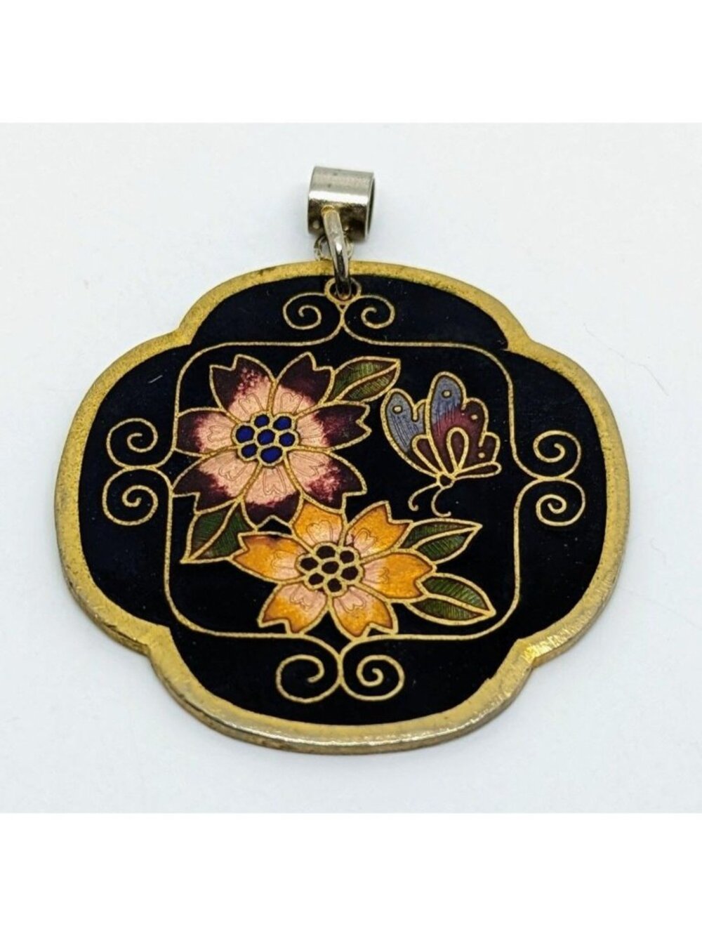 Vtg Cloisonné Floral Butterfly Pendant Gold-Tone Enameled Double-Sided 1.5 Inch